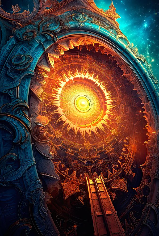 Fantasy of futuristic sun symbol and architecture. AI Generated.